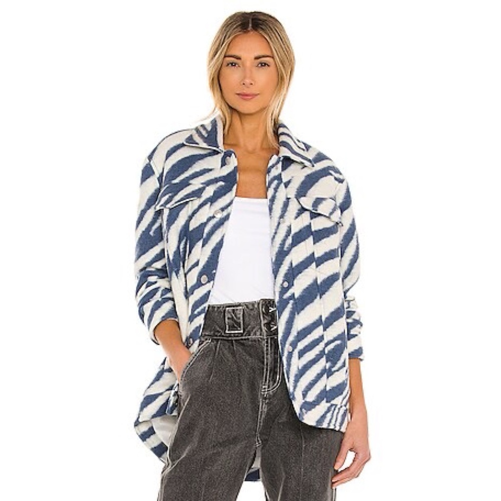 All Saints Wool Blend Faye Jacket in Blue & White Striped Zebra Print Size 0